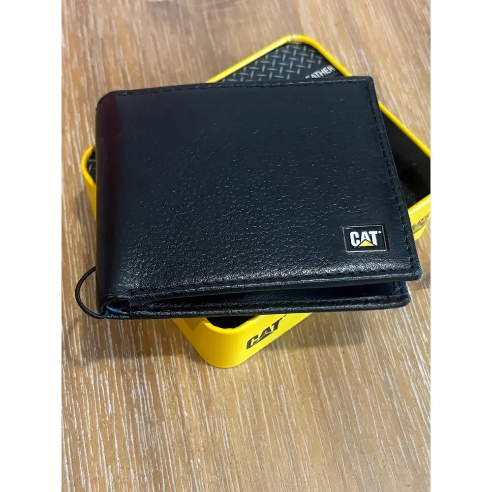 Mens CATERPILLAR CAT Black 100% Genuine Leather RFID Wallet Tin Gift NEW